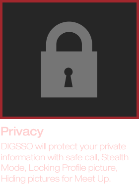 Privacy, DIGSSO will protect your private information with safe call, Stealth Mode, Locking Profile picture, Hiding pictures for Meet Up.